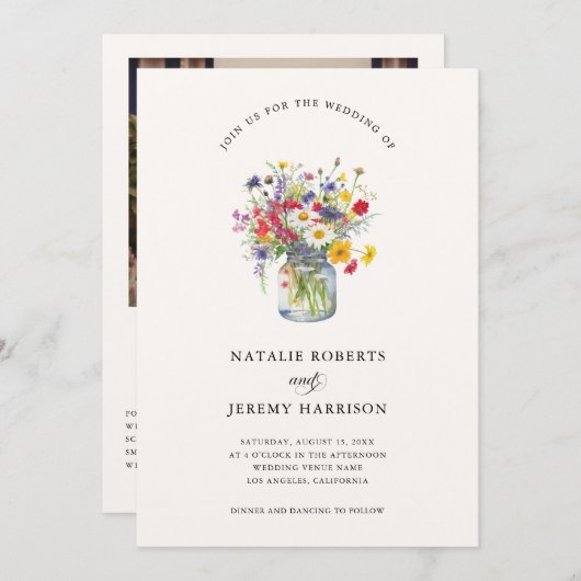 Wildblume Wasserfarbe Mason Jar Rustikale Hochzeit Einladung (Vorne/Hinten)