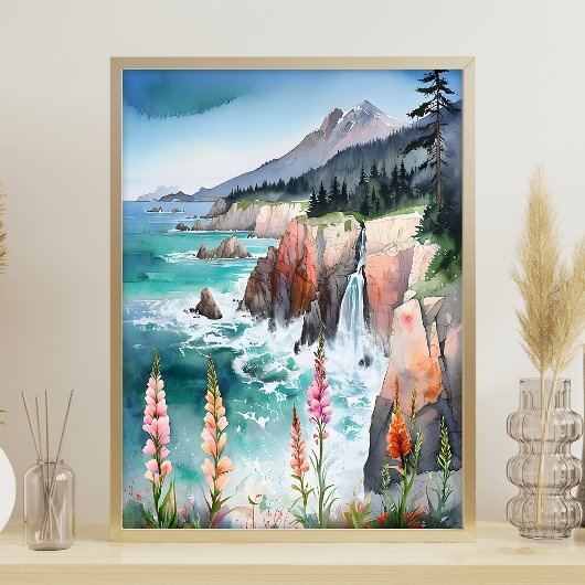 Wildblume Wasserfarbe Serene Küste Landschaft Poster