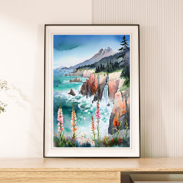 Wildblume Wasserfarbe Serene Küste Landschaft Poster