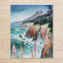 Wildblume Wasserfarbe Serene Küste Landschaft