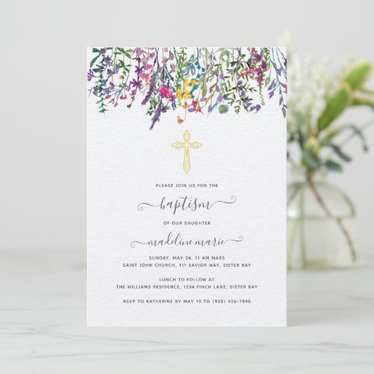 Wildblume Wasserfarbe Taufe Einladung (Stehend Vorderseite)