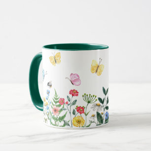 Wildblume Wasserfarbe Wiese mit Schmetterlingen Tasse