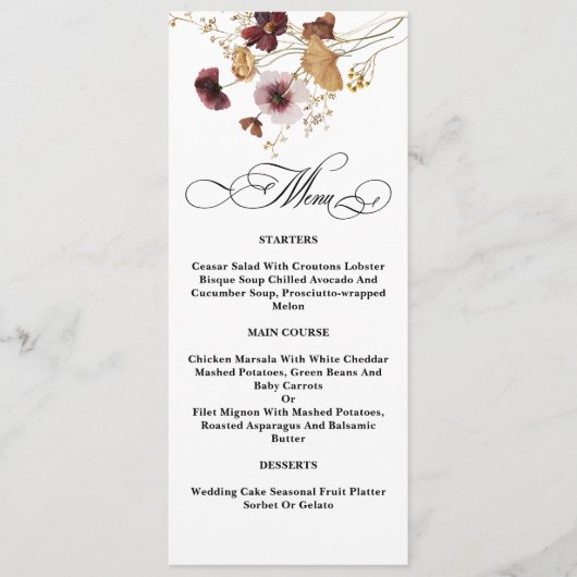 Wildblume Wasserfarbenflorale Hochzeit Menükarte (Vorderseite)