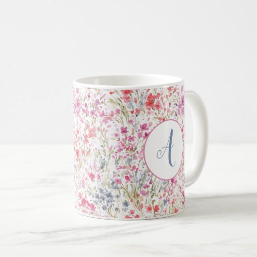 Wildblume Wasserfarbmuster Monogramm Kaffeetasse (VorderseiteRechts)