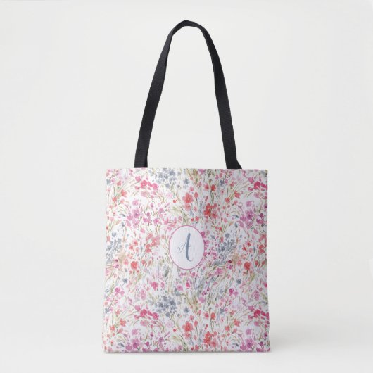 Wildblume Wasserfarbmuster Monogramm Tasche (Vorderseite)