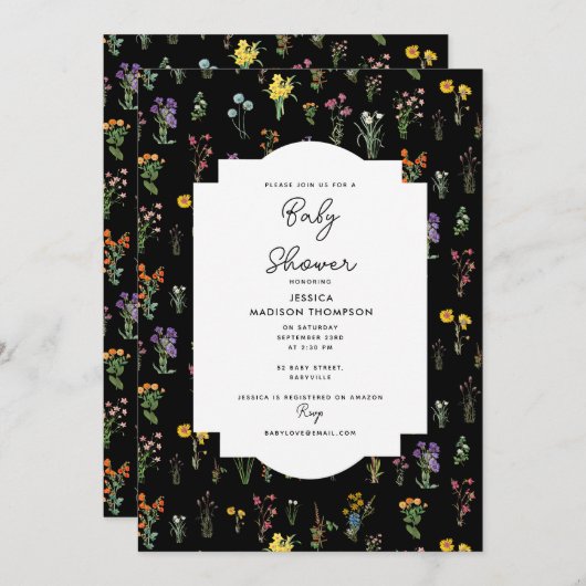 Wildblume Watercolor Black Botanical Baby Dusche Einladung (Vorne/Hinten)