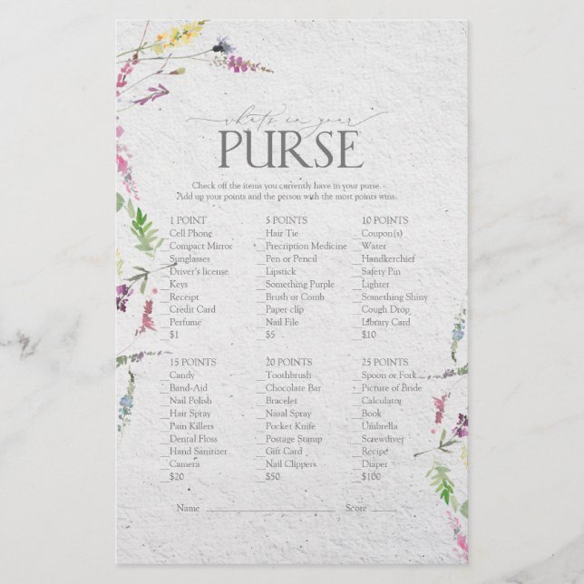 Wildblume Watercolor Foral Brautparty Game (Vorderseite)