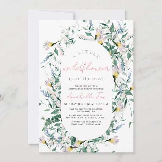 Wildblume Watercolor Girl Virtual Baby Dusche Einladung (Vorderseite)