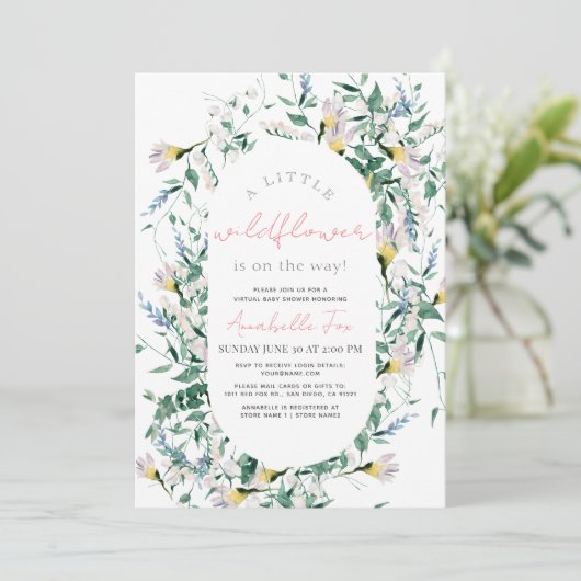 Wildblume Watercolor Girl Virtual Baby Dusche Einladung (Stehend Vorderseite)
