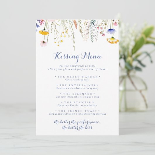 Wildblume Wedding Kissing Menu Game Card (Stehend Vorderseite)