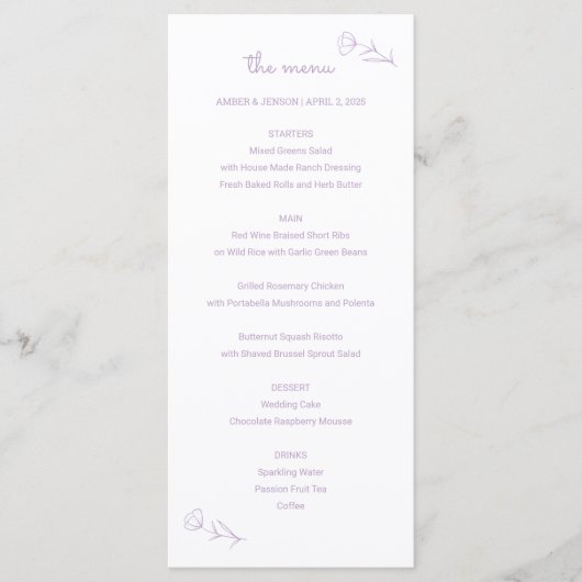 Wildblume Wedding Menu in Lilac Programm (Vorderseite)