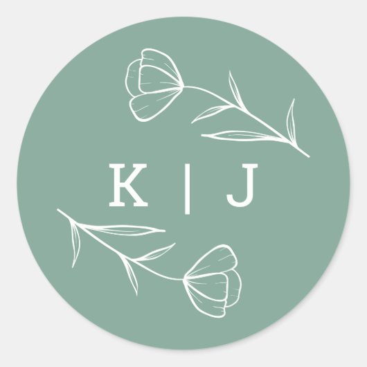 Wildblume Wedding Monogram Aufkleber in Sage (Vorderseite)