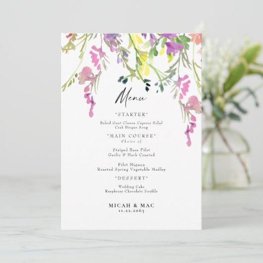 Wildblume Wedding Reception Menü Menükarte (Stehend Vorderseite)