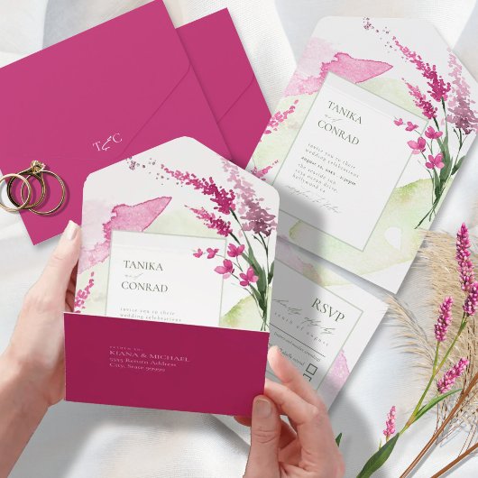 Wildblume Wedding Watercolor Fuchsia ID954 All In One Einladung