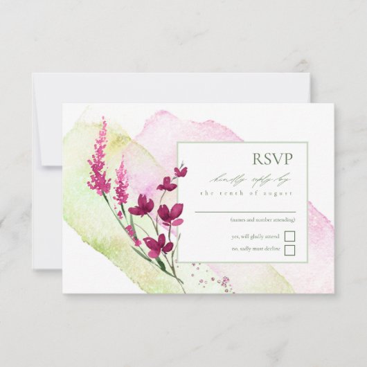 Wildblume Wedding Watercolor Fuchsia ID954 RSVP Karte (Vorderseite)