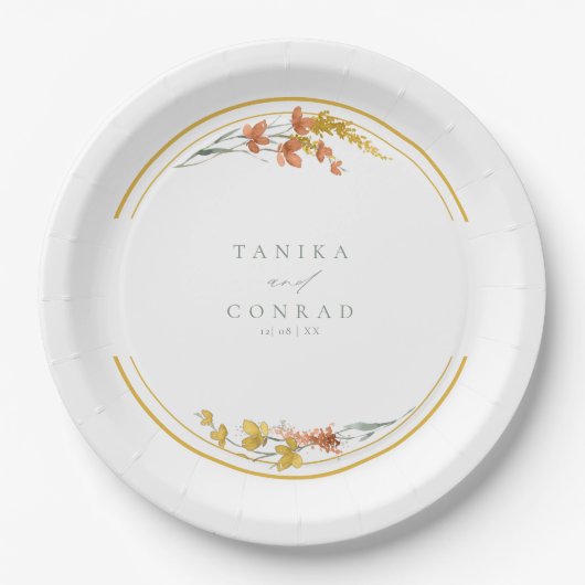 Wildblume Wedding Watercolor Initials Gold ID954 Pappteller (Vorderseite)