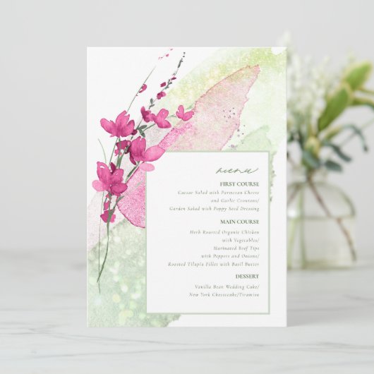 Wildblume Wedding Watercolor Menü Fuchsia ID954 (Stehend Vorderseite)