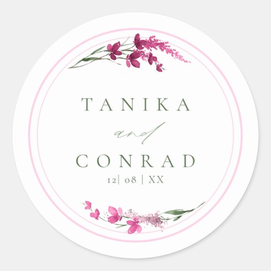 Wildblume Wedding Watercolor Names Fuchsia ID954 Runder Aufkleber (Vorderseite)