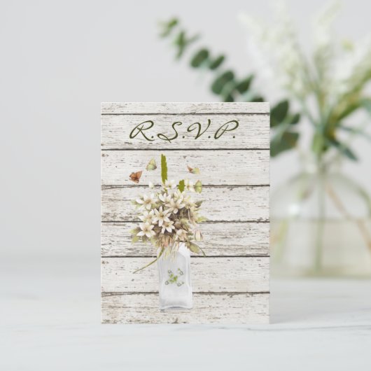 Wildblume weiß gekalktes Holz Französische Hochzei Einladungspostkarte (Stehend Vorderseite)