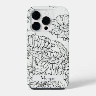 Wildblume Weiß und Schwarz Personalisiert iPhone 14 Pro Hülle