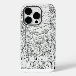 Wildblume Weiß und Schwarz Personalisiert iPhone 14 Pro Hülle