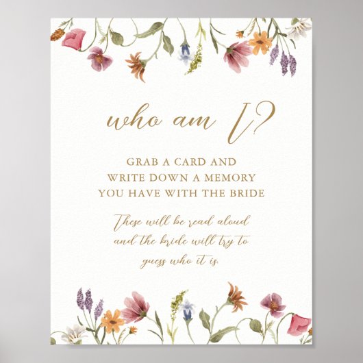 Wildblume Wer bin ich Brautparty Game Sign Poster (Vorne)