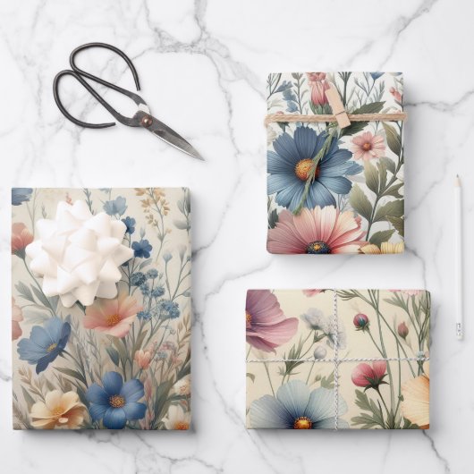 Wildblume Wiese Beige Hintergrund Geschenkpapier Set (Vorderseite)