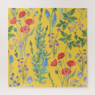 Wildblume Wiese: Wasserfarbe Nahtlose Malerei. Puzzle