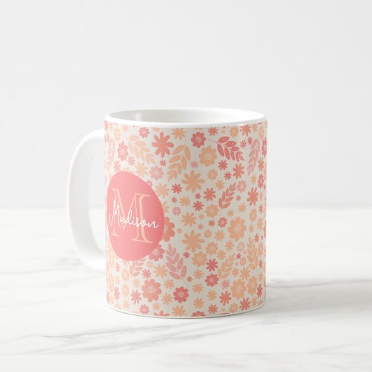 Wildblume-Wiesenmuster und Monogramm Kaffeetasse (Vorderseite Links)