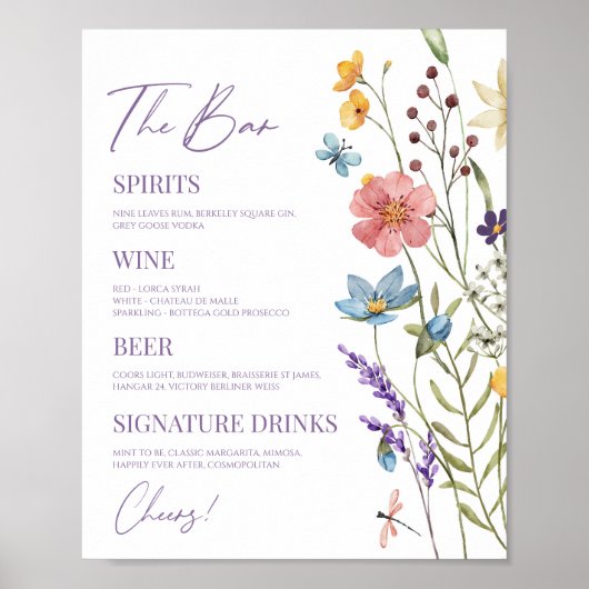 Wildblume Wild Blume Floral Wedding Bar Sign Poster (Vorne)