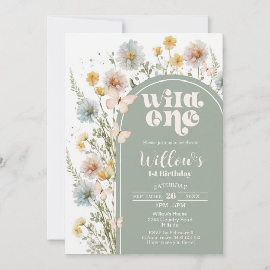 Wildblume Wild One Birthday Einladung Boho Sage (Vorderseite)