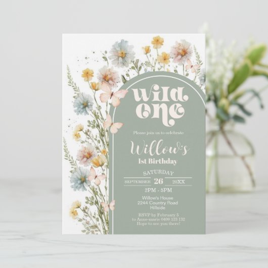 Wildblume Wild One Birthday Einladung Boho Sage (Stehend Vorderseite)