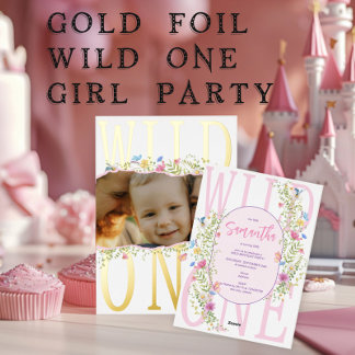 Wildblume Wild One Boho Girl Foto 1. Geburtstag Folieneinladung