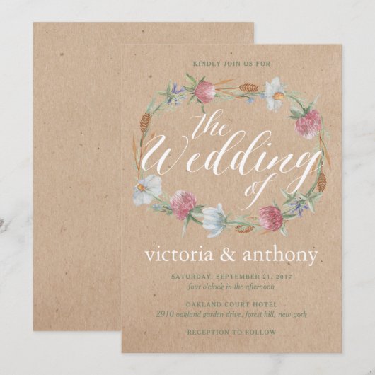 Wildblume Wraath on Kraft Country Wedding Einladung (Vorne/Hinten)