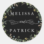 Wildblume Wreath Elegante Wedding Black Runder Aufkleber (Vorderseite)