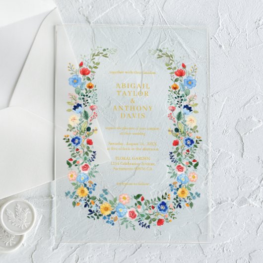 Wildblume Wreath Gold Script Garden Wedding Acryleinladungen