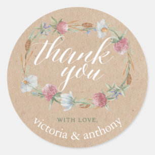 Wildblume Wreath on Kraft Country Wedding Danke Runder Aufkleber