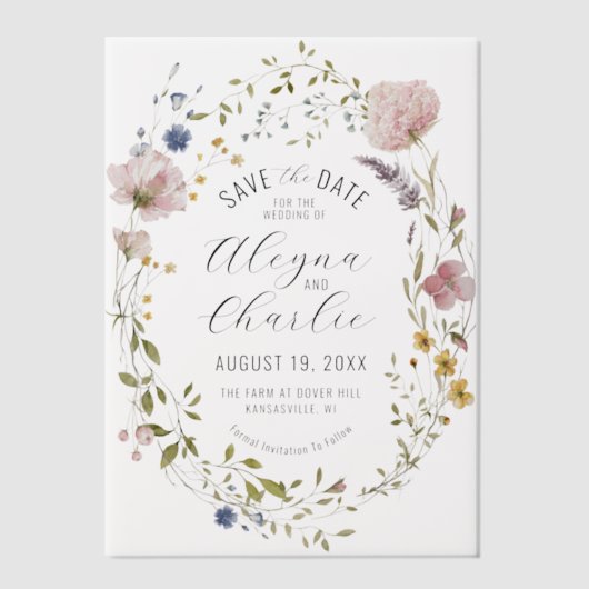 Wildblume Wreath Overlay Hochzeit speichern das Da Pergament Einladungen (Vorderseite)