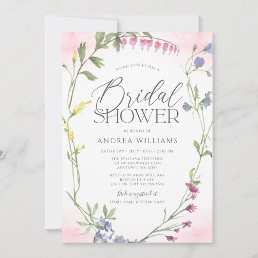 Wildblume Wreath Pink Wasserfarbe Brautparty Einladung (Vorderseite)
