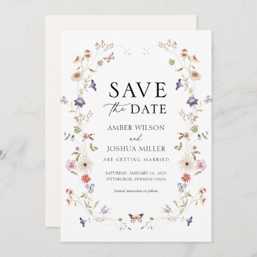 Wildblume Wreath Save the Date Einladung (Vorne/Hinten)