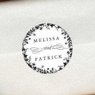 Wildblume Wreath Silhouette Hochzeit Schwarz & Wei Runder Aufkleber