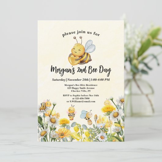 Wildblume zwei zweite Bienenfeier Geburtstag Einladung (Stehend Vorderseite)