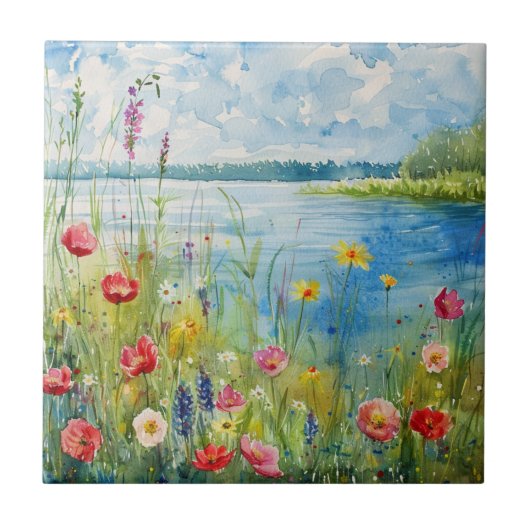 Wildblumen an einem See Fliese (Vorderseite)