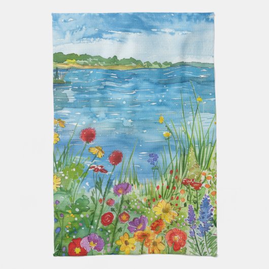 Wildblumen an einem See Geschirrtuch (Vertikal)