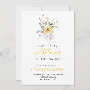 Wildblumen-Aquarell-Blumen zum ersten Geburtstag Einladung