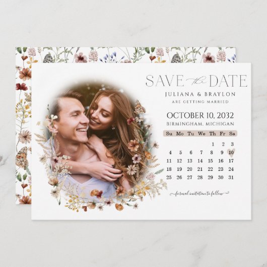 Wildblumen Aquarell Blumenkalender & Foto Sav Save The Date (Vorne/Hinten)