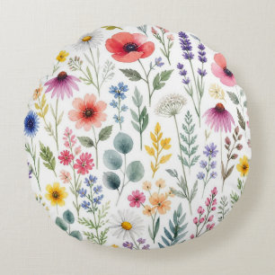 Wildblumen-Aquarell-Wiese Botanische Blumen Rundes Kissen