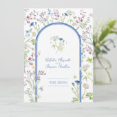 Wildblumen Aquarellblau Hochzeit Flat Menu Menükarte (Stehend Vorderseite)