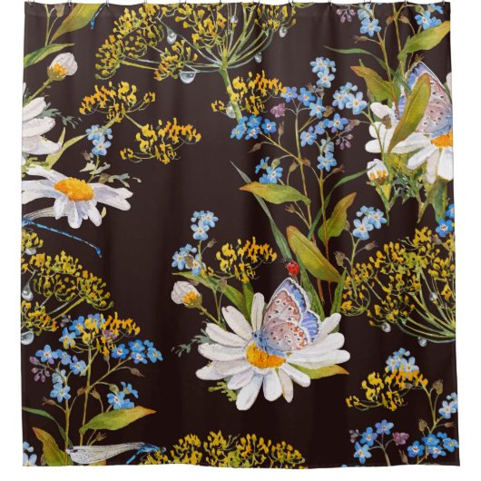 Wildblumen: Aquarellfarben mit schwarzem Hintergru Duschvorhang (Vorderseite)