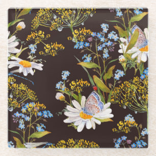 Wildblumen: Aquarellfarben mit schwarzem Hintergru Glasuntersetzer